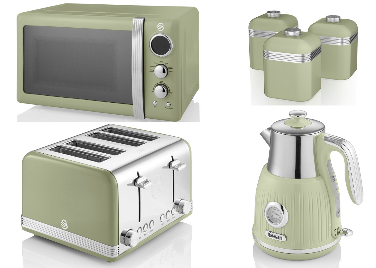 SWAN Retro Green Kitchen Set Dial Kettle, 4 Slice Toaster Microwave & Canisters