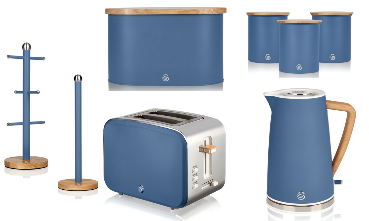 Swan Nordic Blue Kettle 2 Slice Toaster Bread Bin Canisters Mug Tree Towel Pole