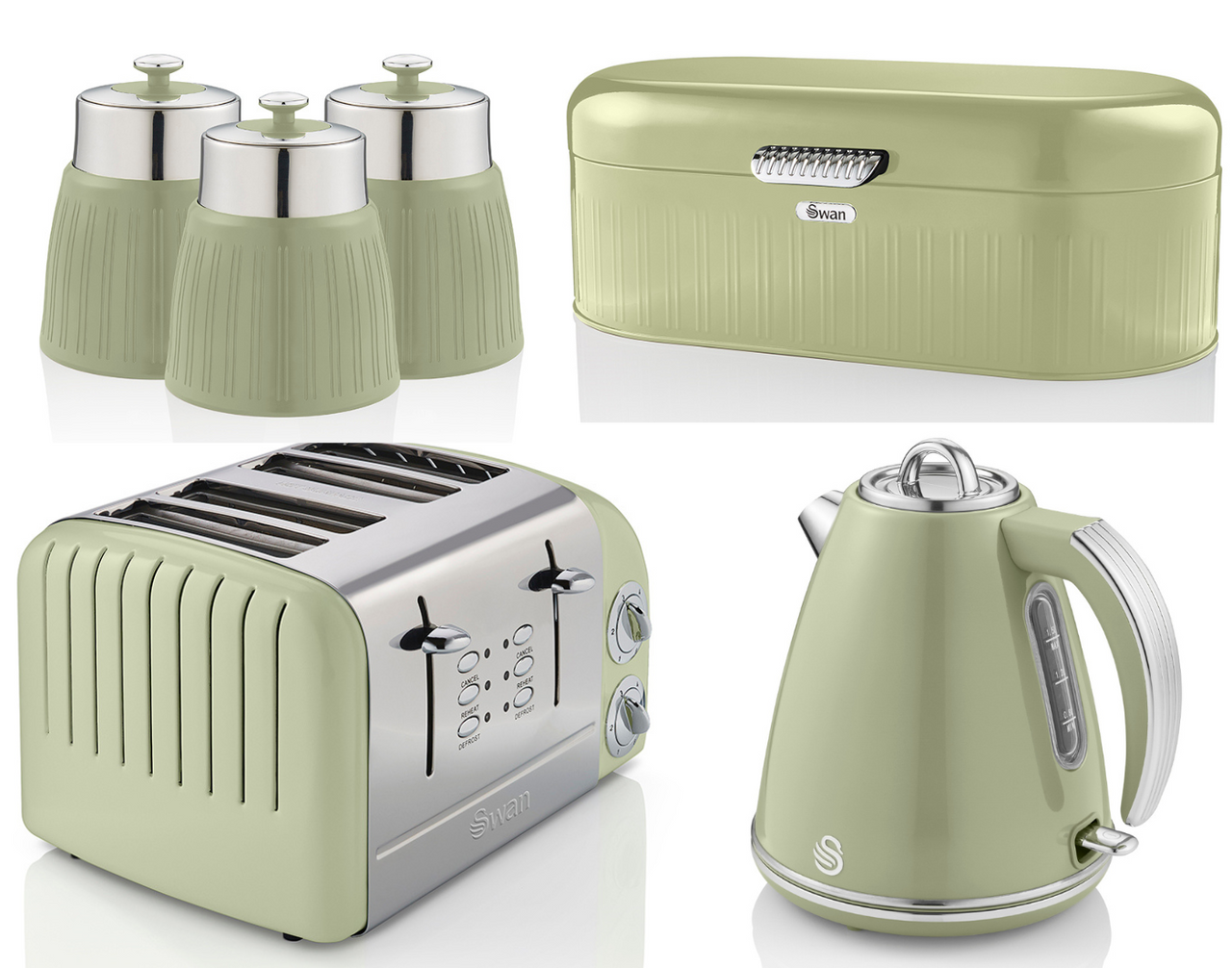 SWAN Retro Green Jug Kettle 4 Slice Toaster ST34020GN Breadbin & Canisters Set