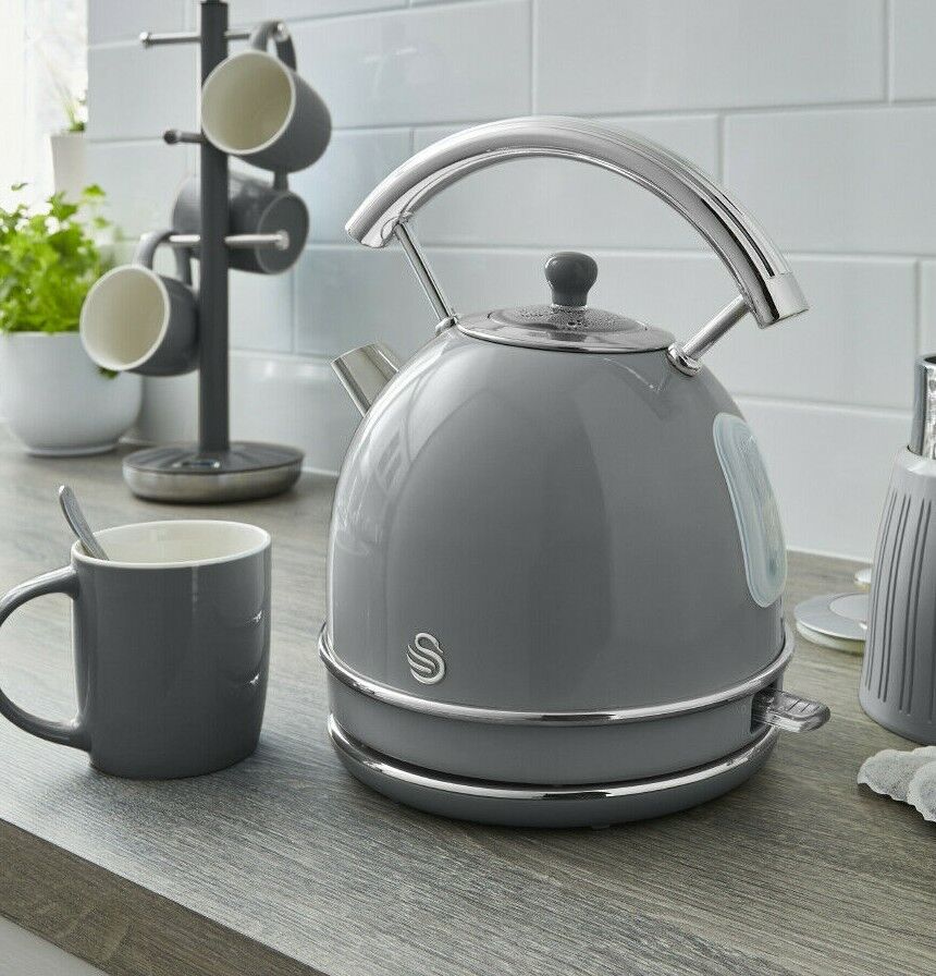 SWAN Retro Grey Dome Kettle, 2 Slice Toaster & Set of 3 Canisters Kitchen Set