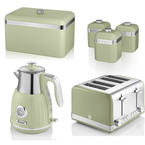 SWAN Retro Green Temperature Dial Kettle 4 Slice Toaster Breadbin Canisters