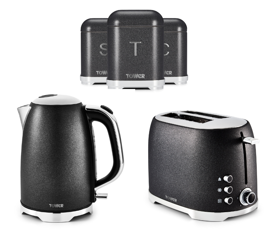 Tower Glitz Kettle, 2-Slice Toaster & Tea, Coffee, Sugar Canisters 3 Set in Black