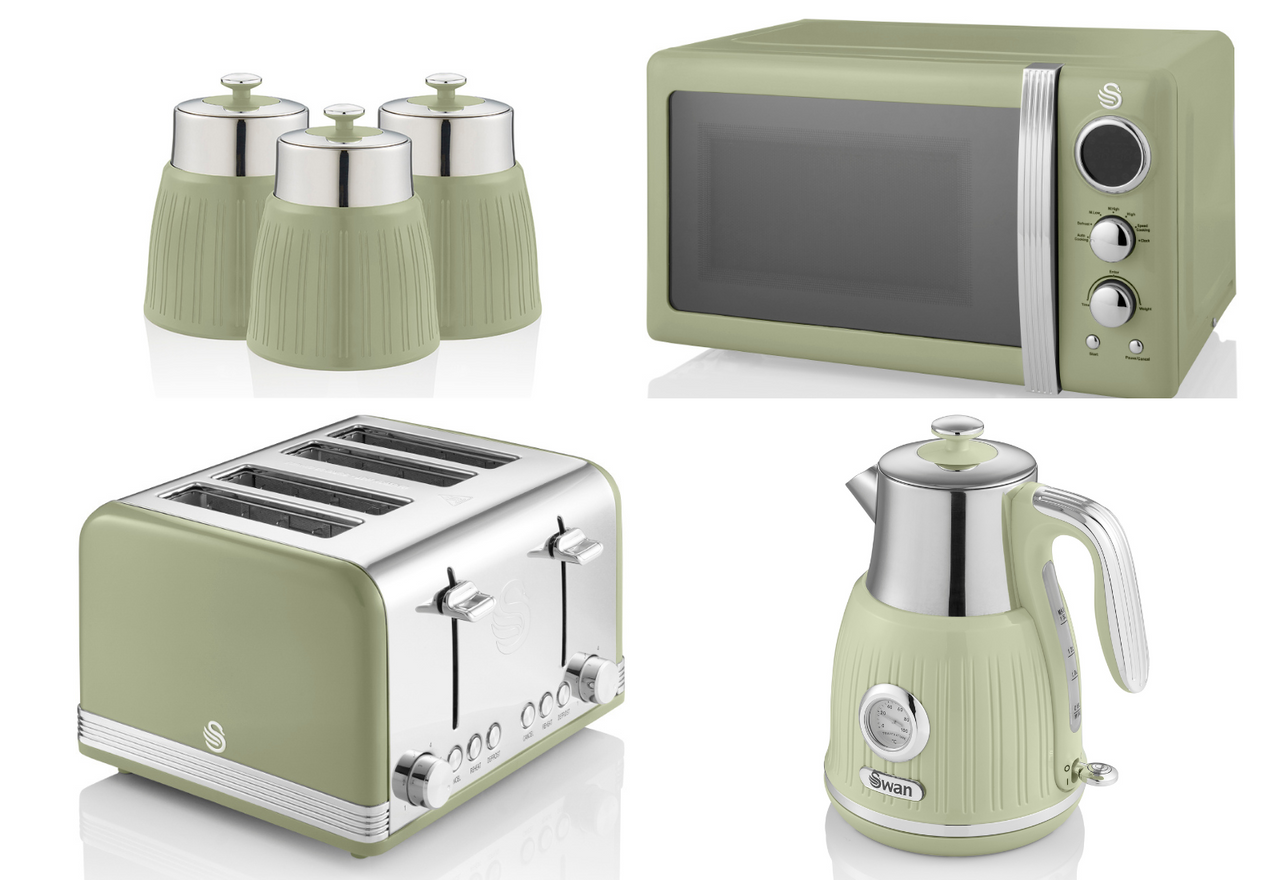 SWAN Retro Green Dial Kettle 4 Slice Toaster Microwave & 3 Canisters Set of 6