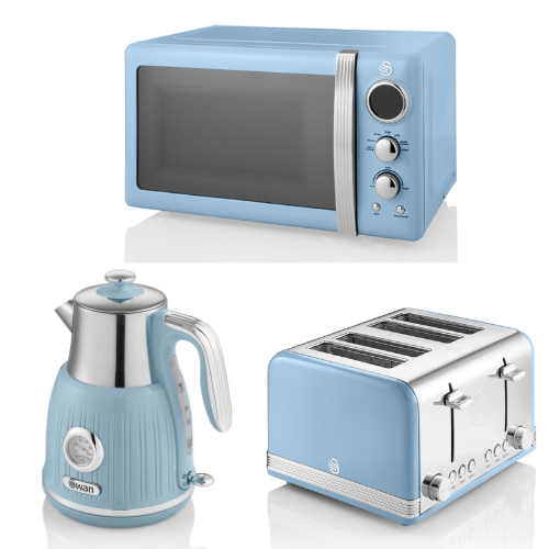 SWAN Retro Temperature Dial Kettle 4 Slice Toaster& Digital Microwave in Blue