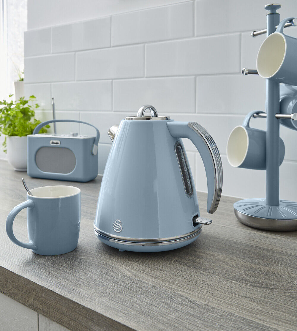 SWAN Retro Blue Kitchen Set of 9 including Jug Kettle, 4 Slice Toaster, Digital Microwave, Breadbin, Canisters, Mug Tree & Towel Pole Matching Set