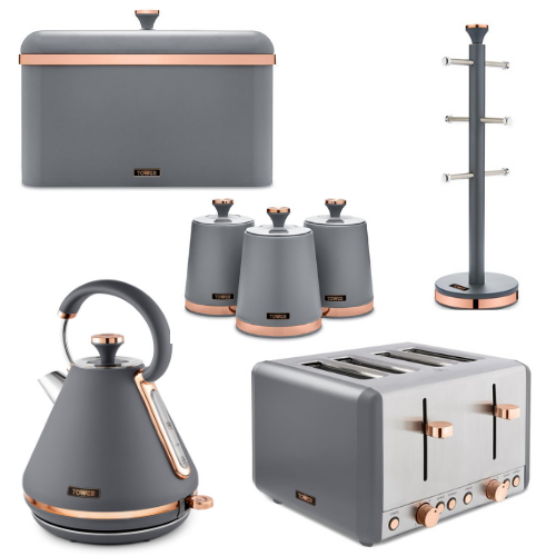 TOWER Cavaletto Kettle 4 Slice Toaster Bread Bin Canisters & Mug Tree Grey & Rose Gold