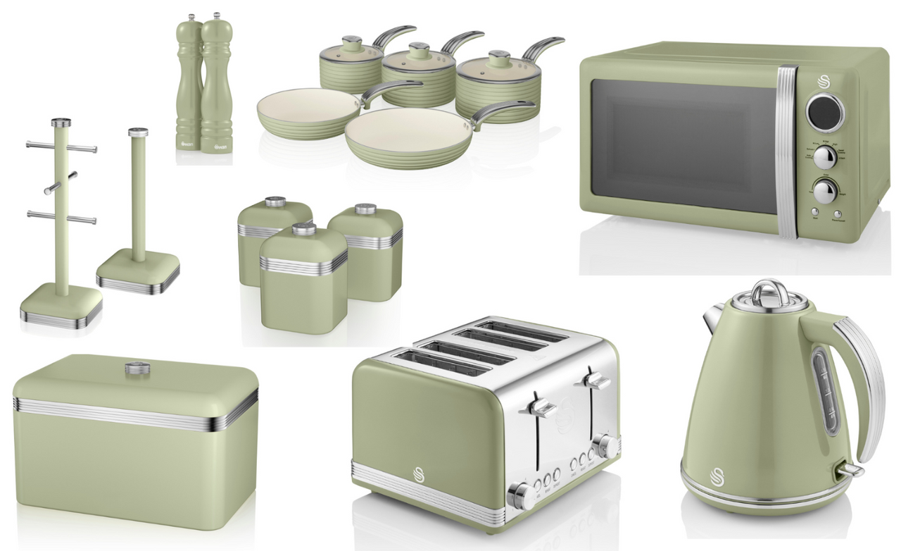 SWAN Retro Green Kitchen Set of 16. Kettle Toaster  Microwave Pans & Storage