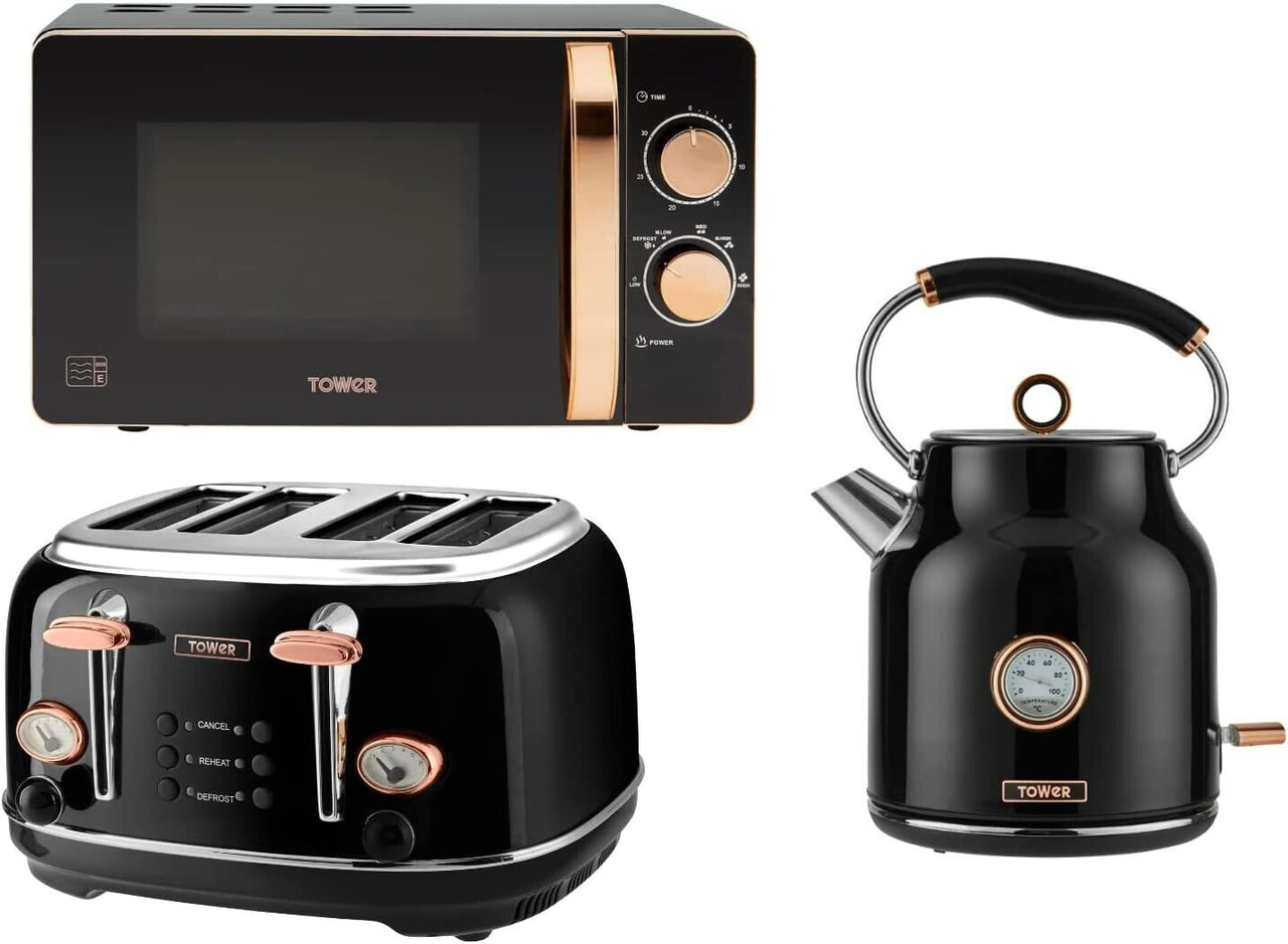 TOWER 3KW 1.7L Bottega Kettle 4 Slice Toaster Manual Microwave Black/Rose Gold