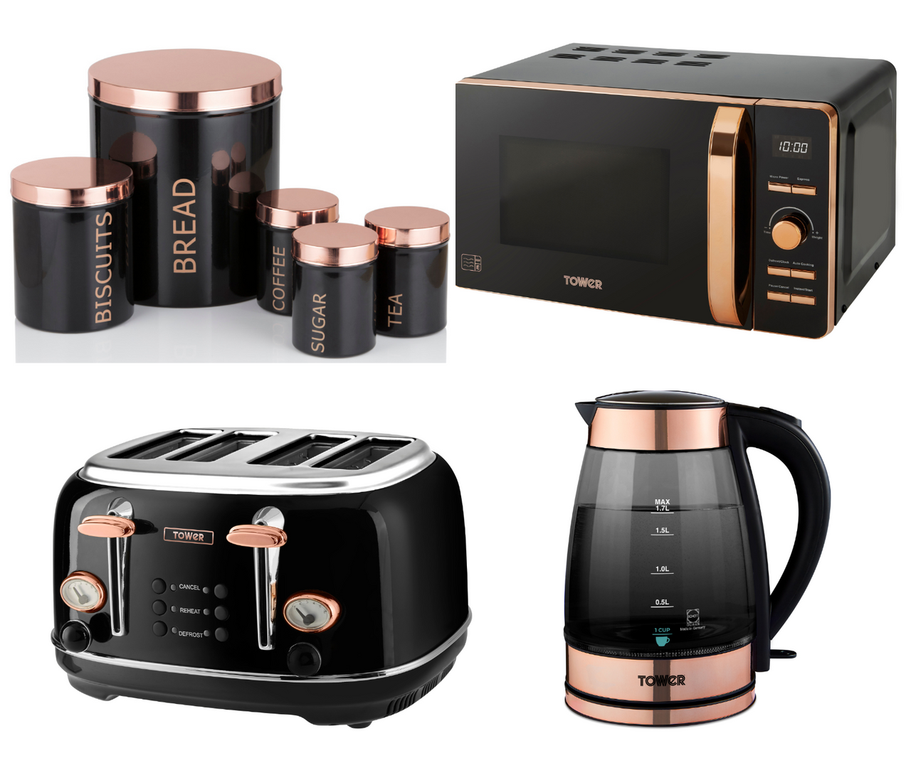 TOWER Glass Kettle 4 Slice Toaster Microwave 5 Piece Storage Set Black/Rose Gold