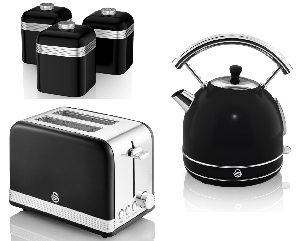 Swan Retro Black Dome Kettle 2 Slice Toaster & Storage Canisters Kitchen Set