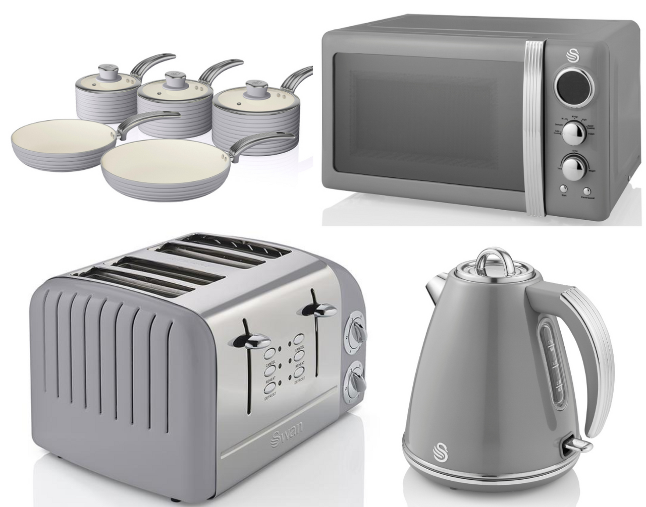 SWAN Retro Grey Jug 1.5L Kettle, 4 Slice Toaster, Microwave & 5 Piece Pan Set