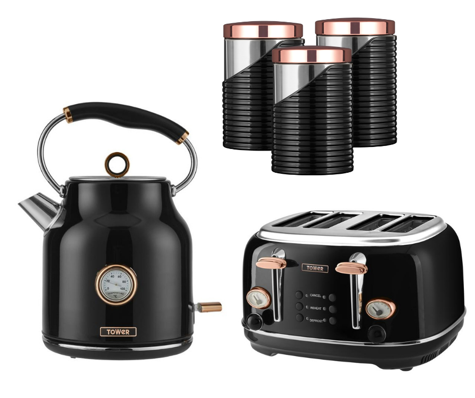 NEW Rose Gold & Black Kettle, 4 Slice Toaster & Tea, Coffee, Sugar Canisters Set