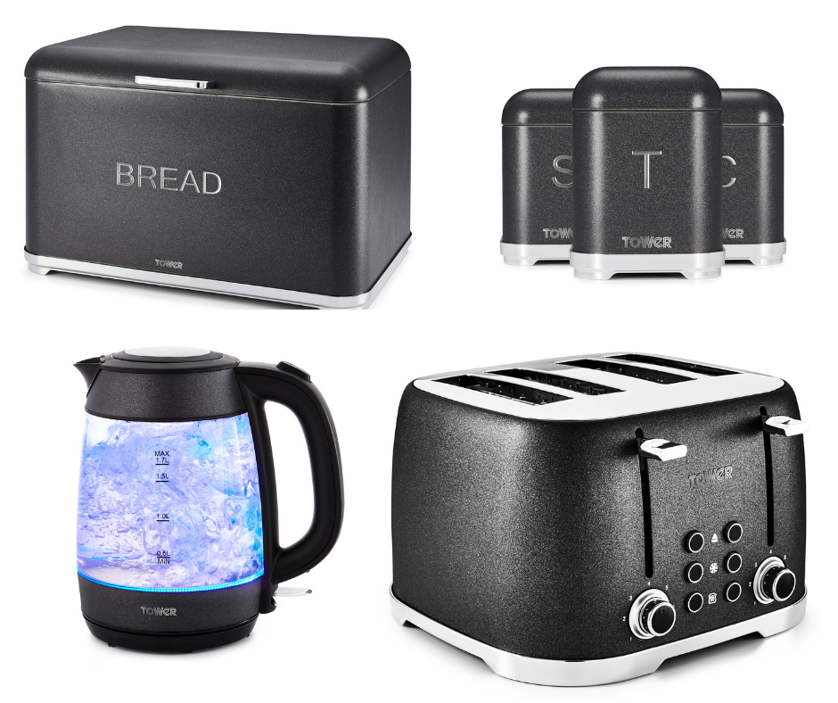 NEW Glitz Glass Kettle 4-Slice Toaster Bread Bin & Canisters Set of 4  Black