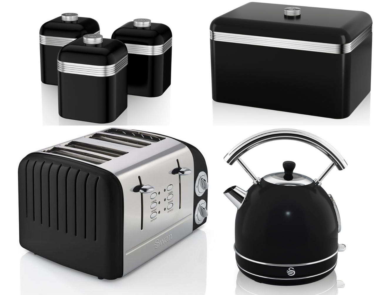 Swan Retro Black Set of 6 - Dome Kettle, 4 Slice Toaster Bread Bin & 3 Canisters