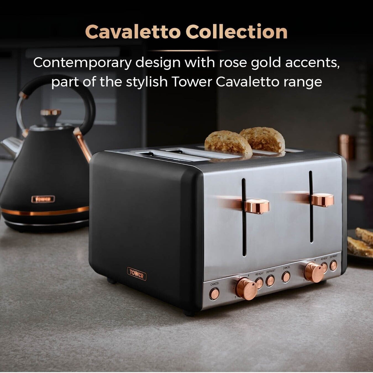 Tower Cavaletto Black Kettle 4 Slice Toaster Bread Bin Canisters 58L Sensor Bin