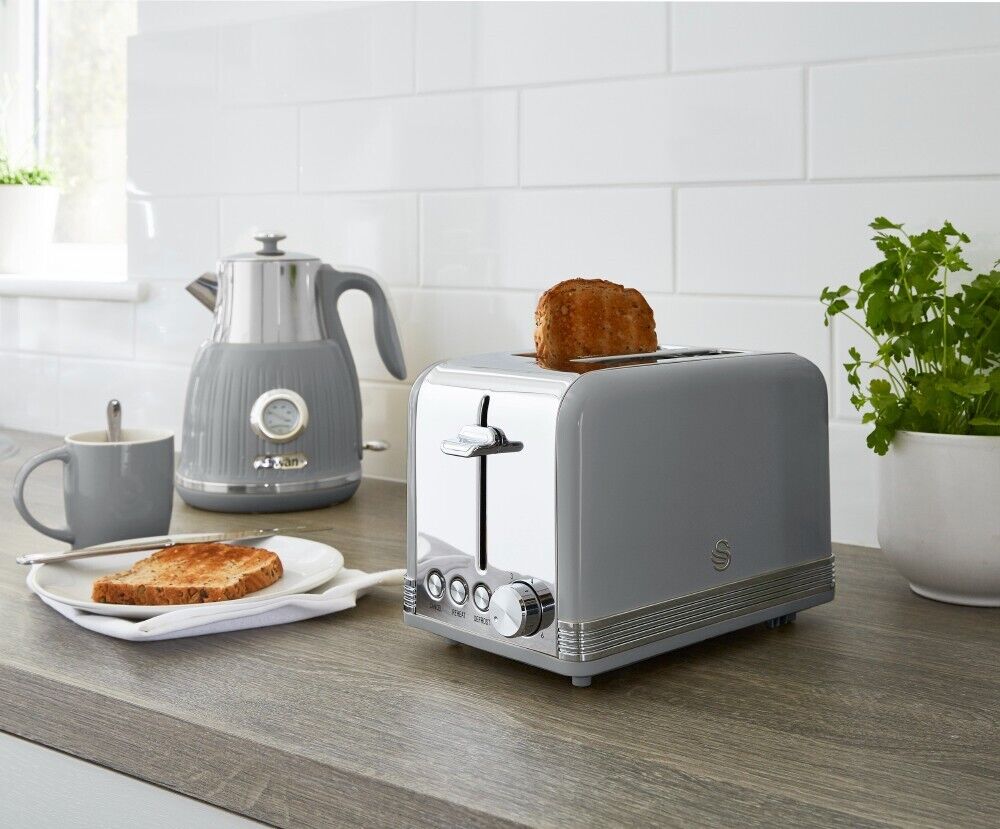 SWAN Retro Grey 1.5L 3KW Jug Dial Kettle, 2 Slice Toaster, Bread Bin, Canisters, Mug Tree & Towel Pole Matching Set