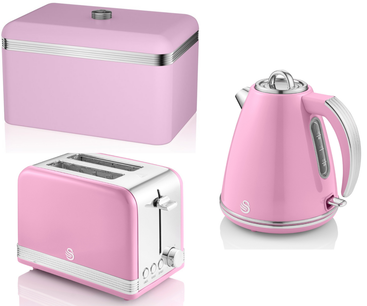 SWAN Retro Pink Jug Kettle 2 Slice Toaster & Breadbin Matching Kitchen Set