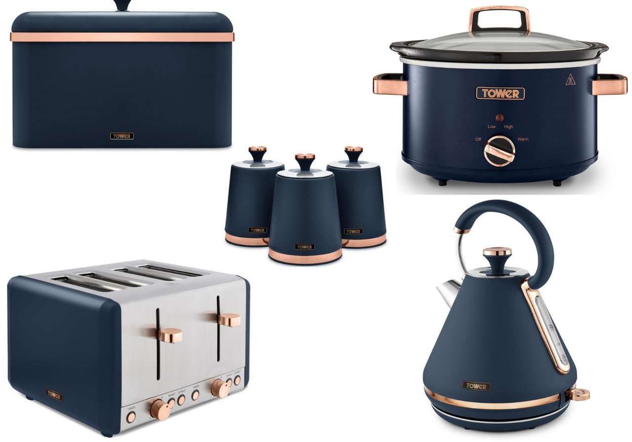 Tower Cavaletto Blue Kettle, 4 Slice Toaster, Slow Cooker & Storage Set 7 items