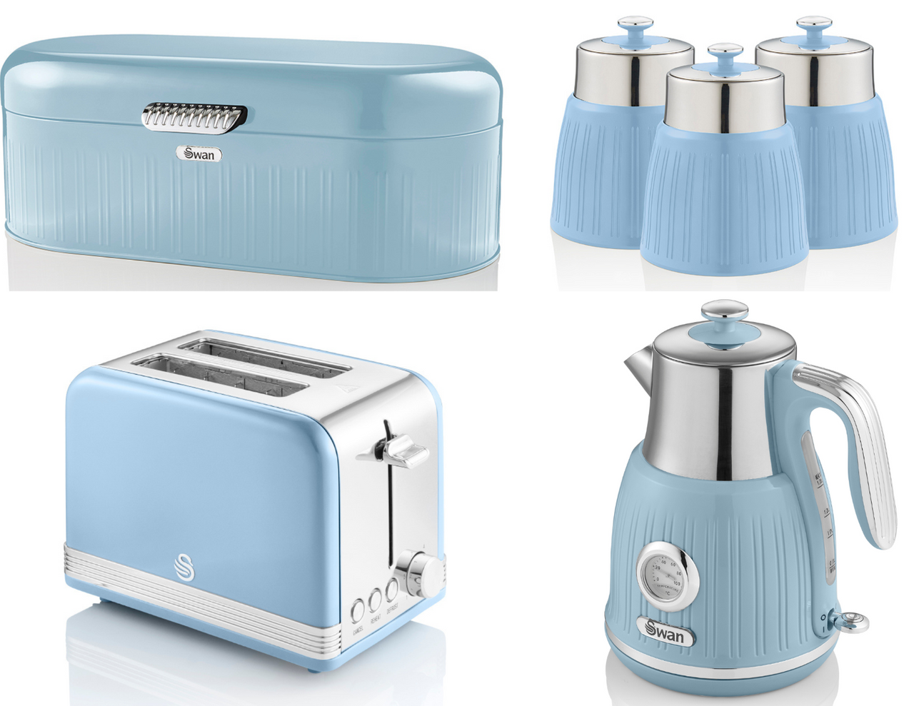 SWAN Retro Blue Dial Kettle 2 Slice Toaster Breadbin Canisters Matching Set of 6