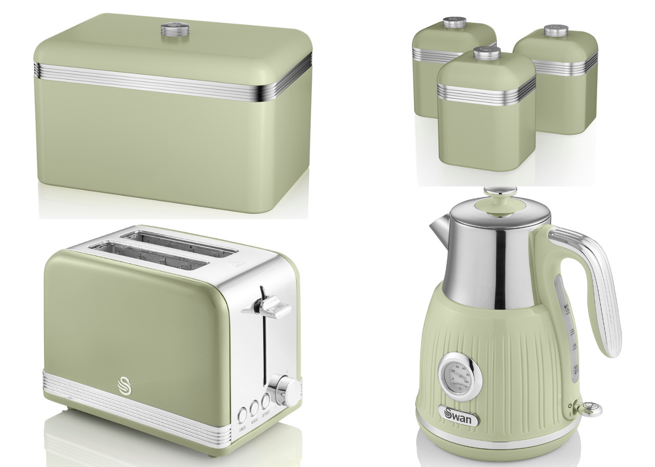 SWAN Retro Green Temperature Dial Kettle 2 Slice Toaster Breadbin Canisters Set