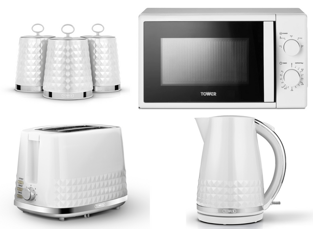 Tower Solitaire White Jug Kettle Toaster Microwave & Canisters Set