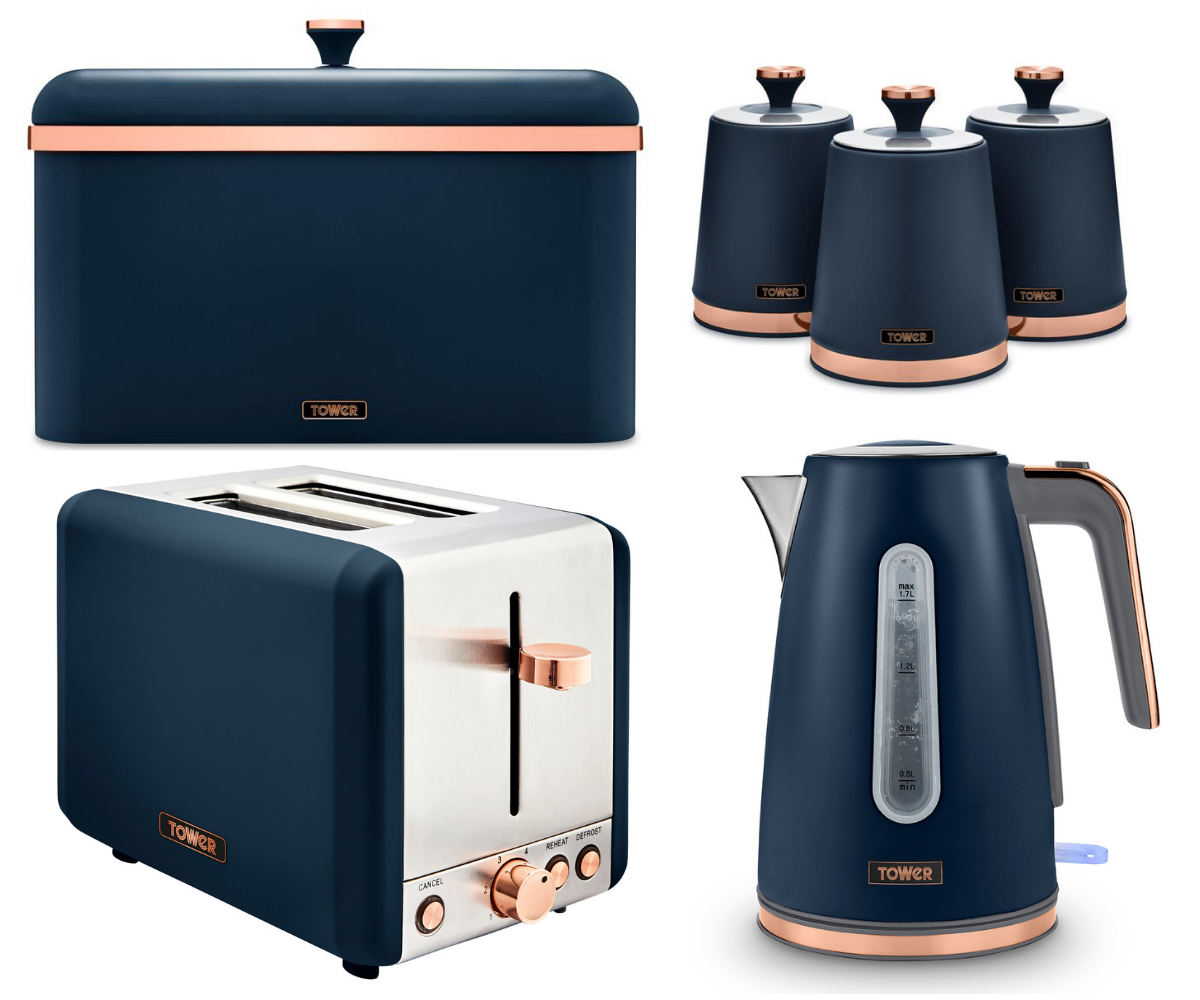 TOWER Cavaletto Jug Kettle 2 Slice Toaster Bread Bin & Canisters Set in Midnight Blue