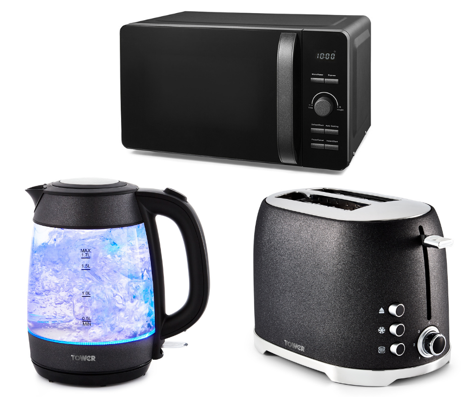 NEW Glitz Glass Kettle 2 Slice Toaster & 800w Digital Microwave Shimmering Black