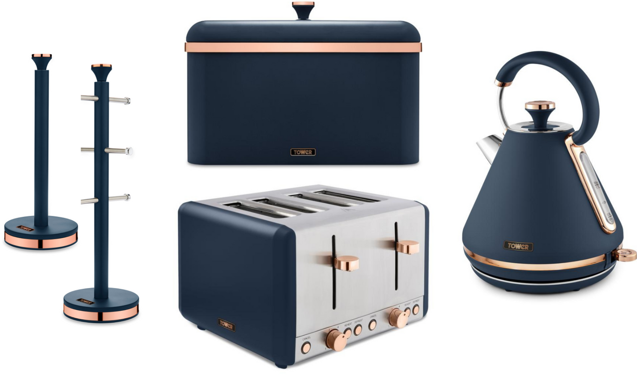 Tower Cavaletto Kettle Toaster Bread Bin Mug Tree & Towel Pole Blue & Rose Gold