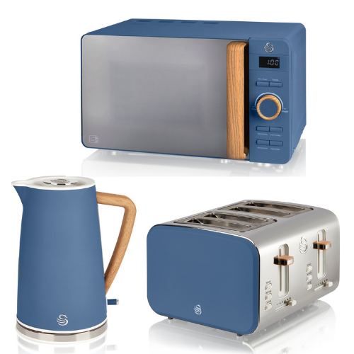 Swan Nordic Blue Kettle 4 Slice Toaster & Digital Microwave Scandinavian Design