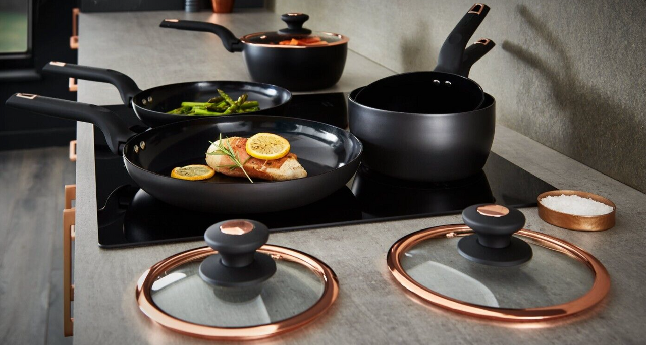 Tower Cavaletto Black & Rose Gold 5 Piece Pan Set Kitchen Cookware with 5 Yr Guarantee