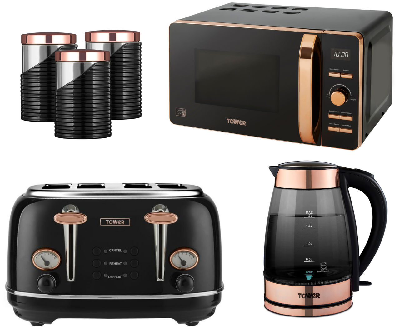 TOWER Smoked Glass Kettle Toaster Microwave & 3 Canisters Black & Rose Gold