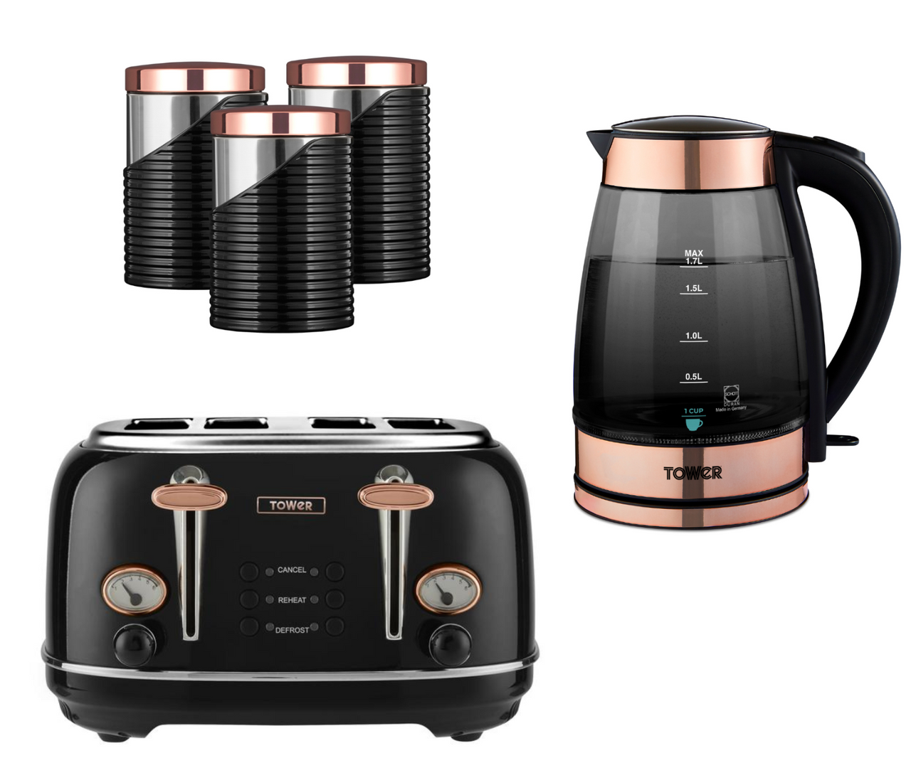 TOWER Smoked Glass Kettle 4 Slice Toaster & Set of 3 Canisters Black & Rose Gold