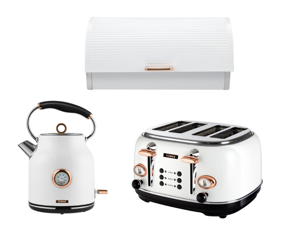 NEW Bottega Rose Gold & White Kettle, 4 Slice Toaster & Linear Breadbin