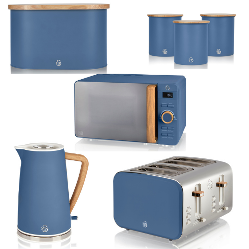 Swan Nordic Blue Kitchen Set Kettle 4 Slice Toaster Microwave Breadbin Canisters